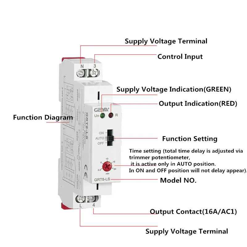 Din rail Staircase Timer Switch 230VAC 16A 0.5-20mins Delay off Relay Lighting Timer Switch GEYA GRT8-LS