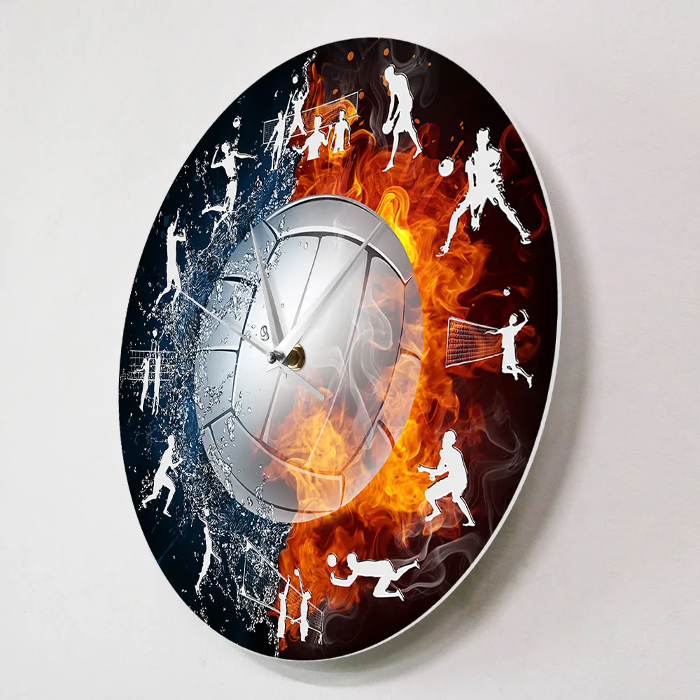 Fire And Water Volleyball Ball Wall Clock Sport Game Living Room Art Decor Hanging Silent Swept Wall Watch Volleyball Team Gift