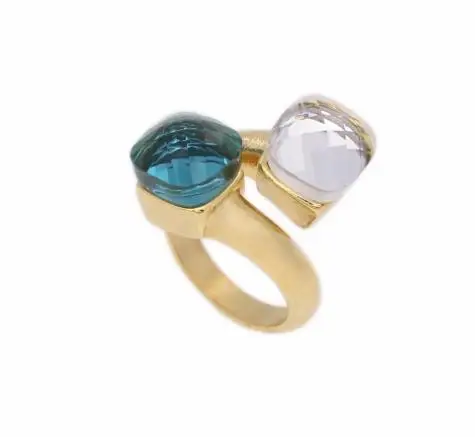 JSBAO New Arrivals Double Glass Stone Stainless Steel Gold Fashion Ring Women Orange & Sky Blue Color Ring For Women Jewelry