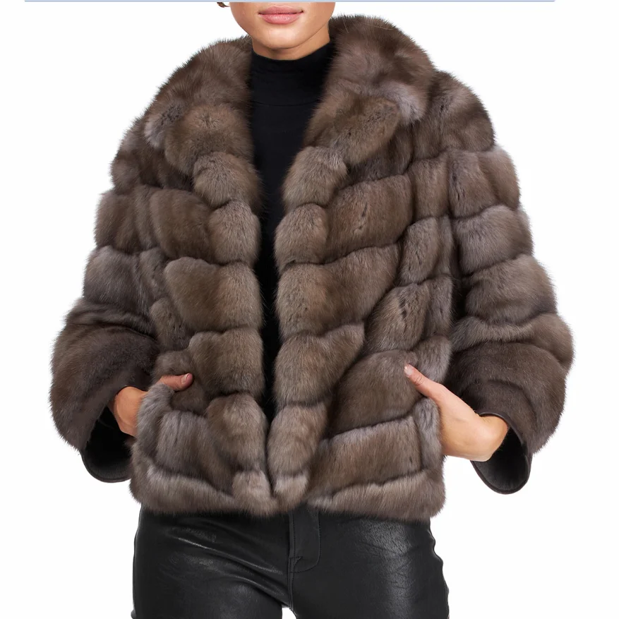 Women's Real Fox Fur Coat, Black Mink Fur, Purple, Warm and Fashionable, European Style, Street Style, Winter