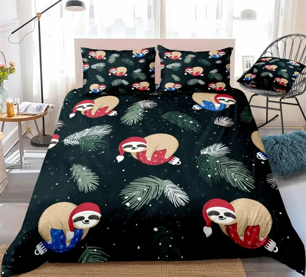 

Sloths Duvet Cover Set Sloths Sleeping on Blue Red Christmas Balls Bedding Cartoon Animal Wearing Santa Hat Bed Set Dropship