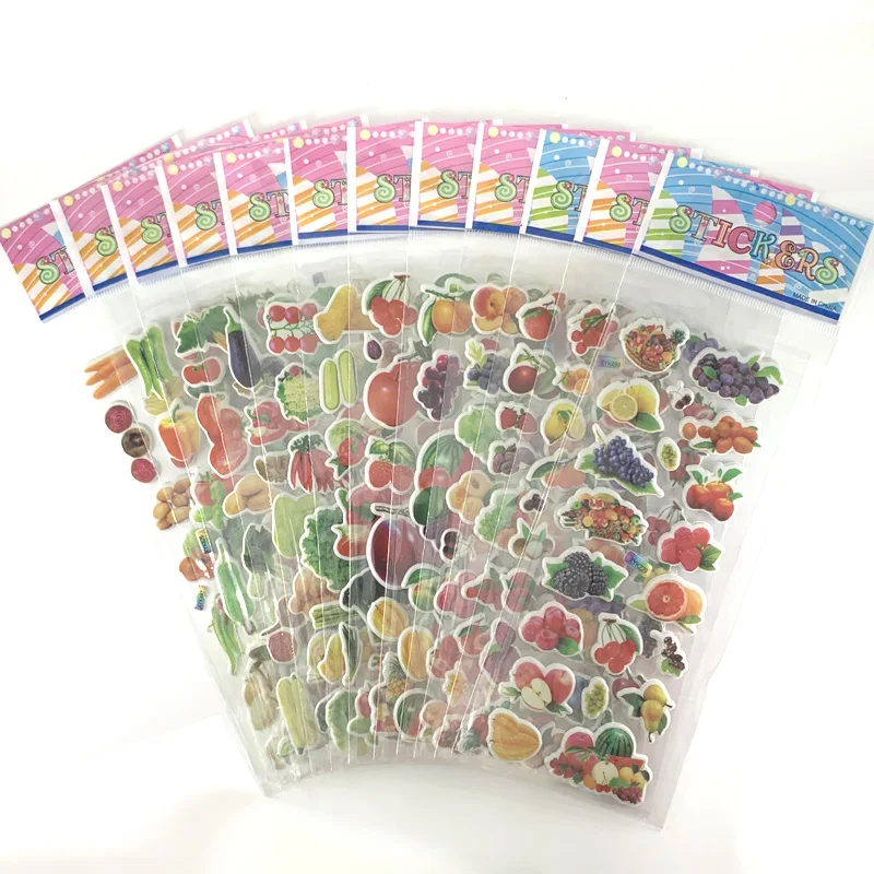 12 Sheets/Set Vegetable and Fruit 3D Puffy PVC Stickers Kids Early Learning Education Scrapbooking Sticker Children\'s Gift