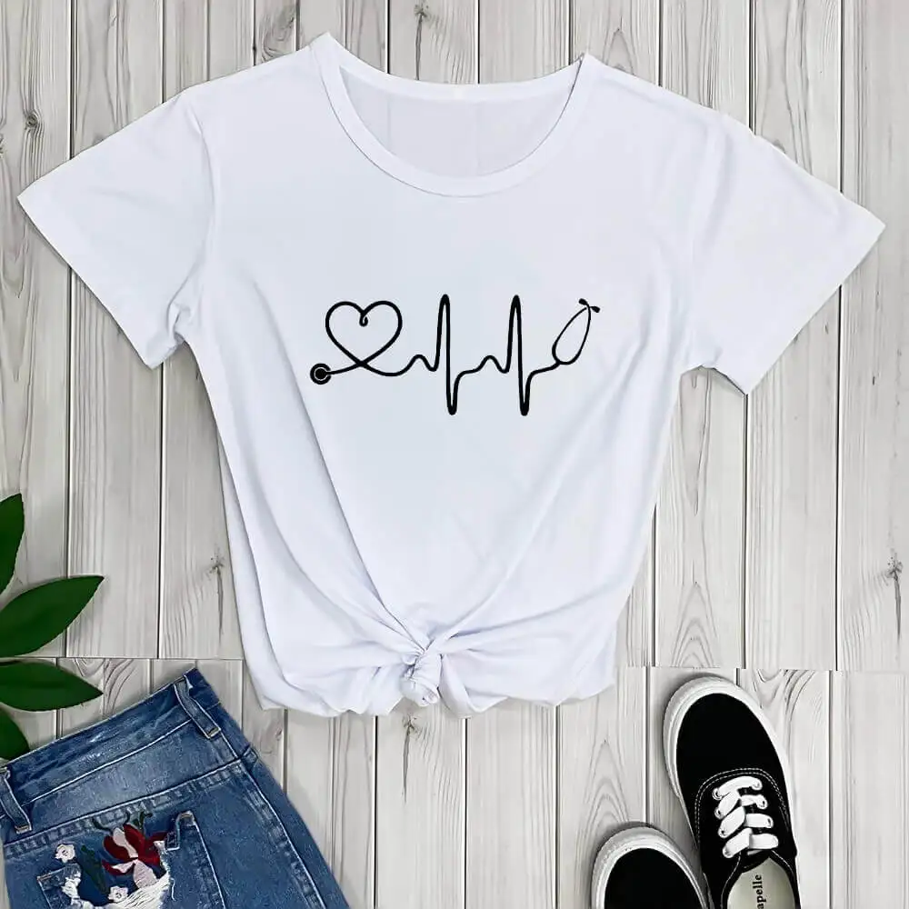 HeartBeat with Stethoscope Nurse shirt New Arrival Summer Women Casual 100%Cotton Funny T Shirt Doctors Shirt Gift for Nurse