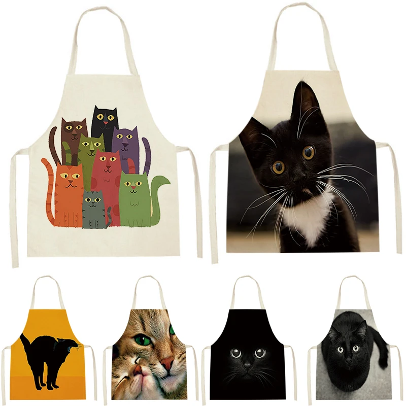Cartoon Cute Cat Black Printed Sleeveless Fartuch kuchenny Pinafore Women's Home Cooking Baking Waist Bib Antifouling Anti-Greasy