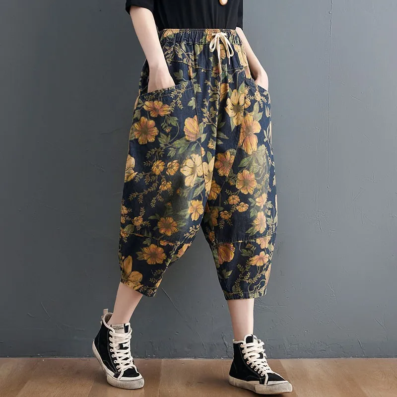 Imagem -05 - Calça Jeans Feminina Folgada Peça Calça Feminina Cigarrete Folgada Estampa Floral Vintage de Cintura Alta na Moda 2023 S3698