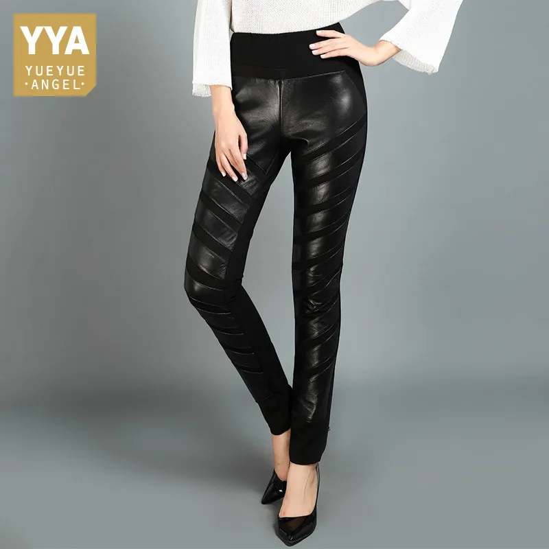 OL Style 100% Sheepskin Pants Women Streetwear Elastic High Waist Pencil Pants Genuine Leather Black Party Trousers Female