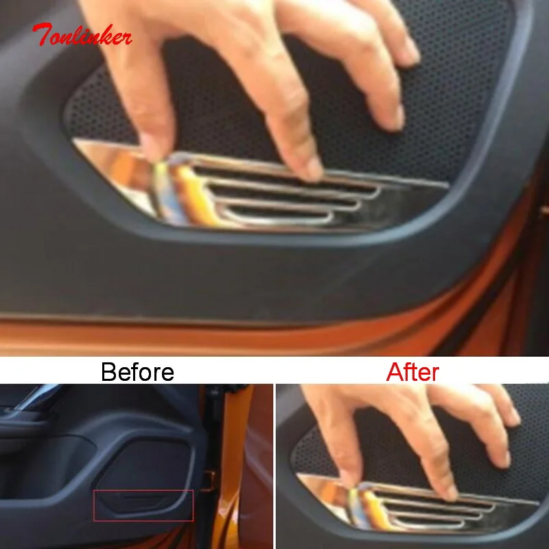 Tonlinker Interior Car Door Speaker Edge Cover sticker For Peugeot 2008 2020 Car styling 4 PCS Stainless steel Cover Stickers