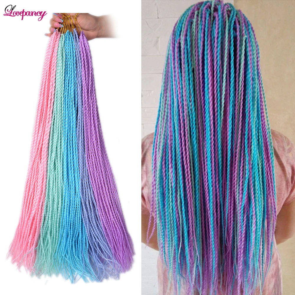 24นิ้ว Senegalese Twist Crochet ผมธรรมชาติผมสังเคราะห์สีเขียวสีชมพูสีม่วง Ombre Braiding Hair Extensions Lovepancy