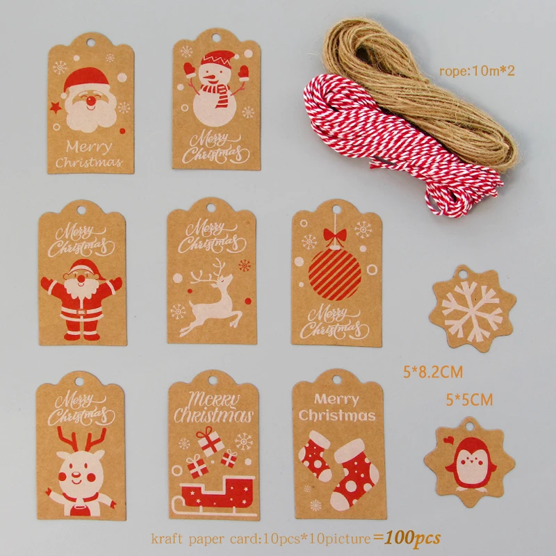 100pcs Kraft Paper Chrsitmas Cartoon Kraft Paper Tags With Rope Santa Claus Snowman Label Gift Wrapping Decor Gift Cards