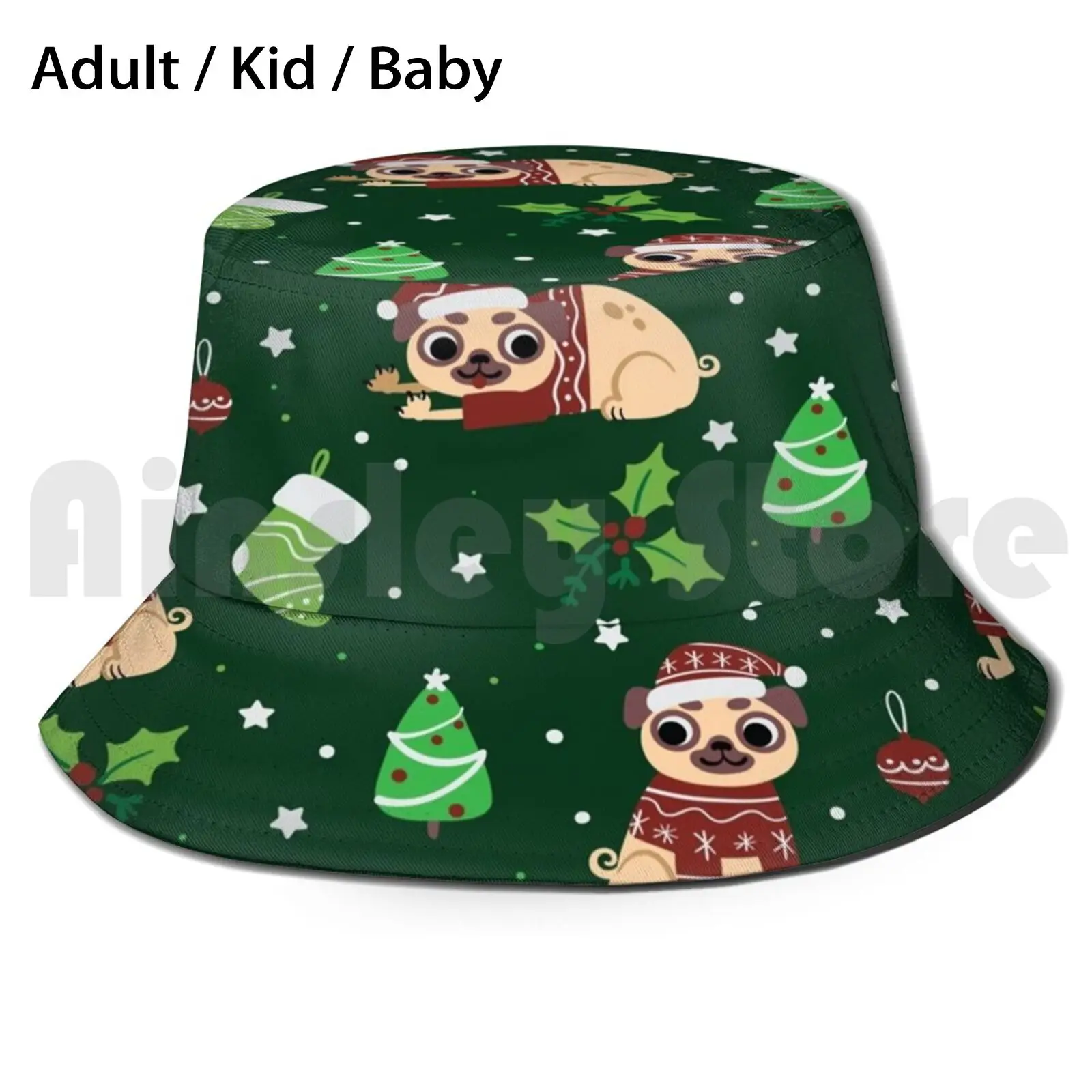 Christmas Pugs : Jolly Paws Pattern Sun Hat Foldable UV Protection Pug Christmas Santa Claus Green Tree Stocking Red