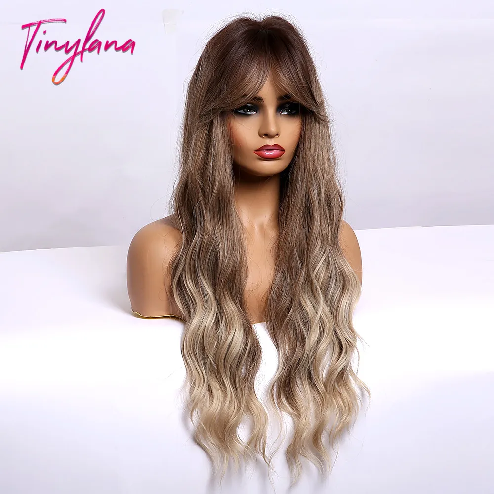 TINY LANA Synthetic Long Body Wave Hair Wigs Brown to Blonde Ombre Wig with Bangs for Women Natural Cosplay Heat Resistant Hair