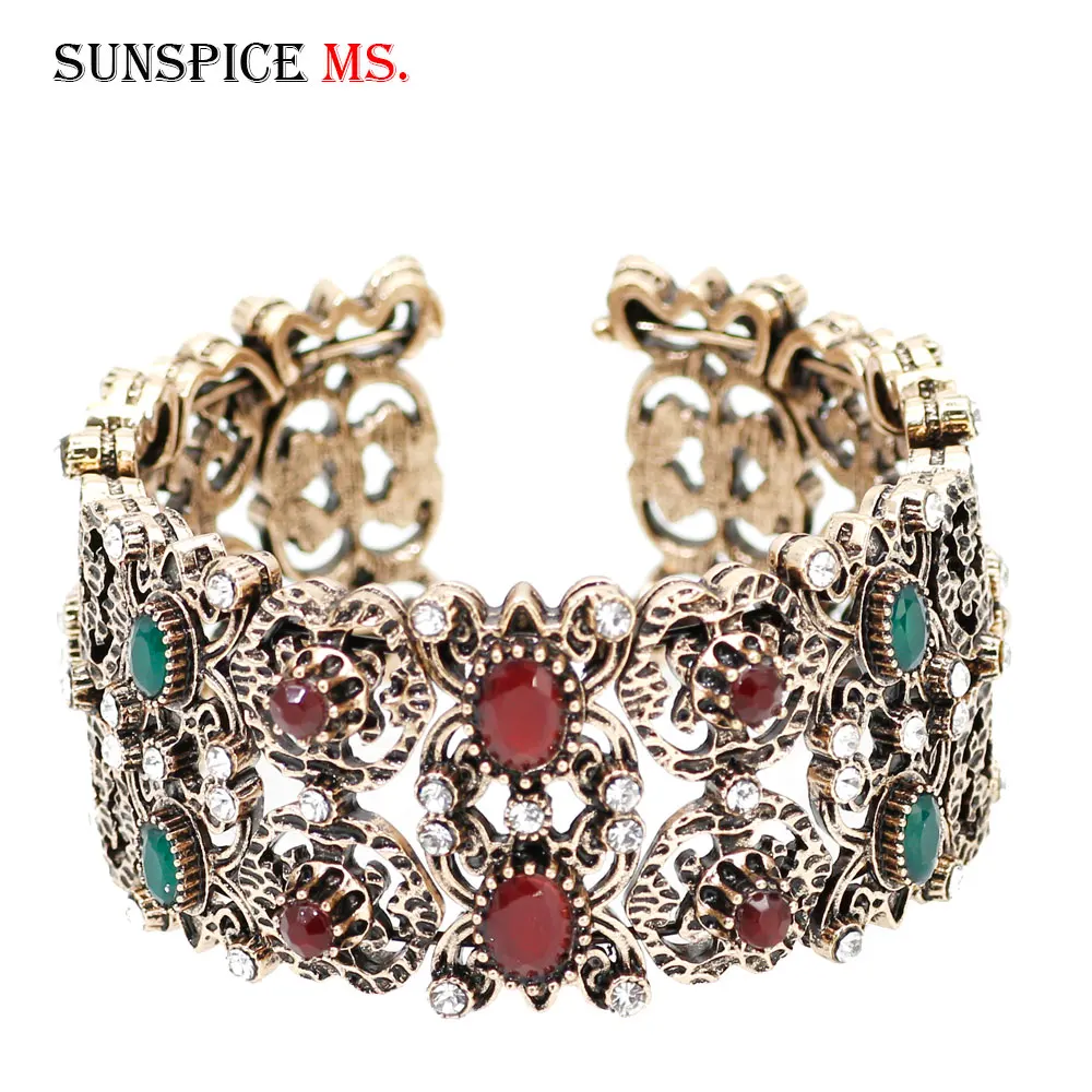 Sunspicems Retro Vintage Elastic Cuff Bracelet Turkish Women Flower Bangle Antique Gold Color Ethnic Wedding Bridal Jewlery