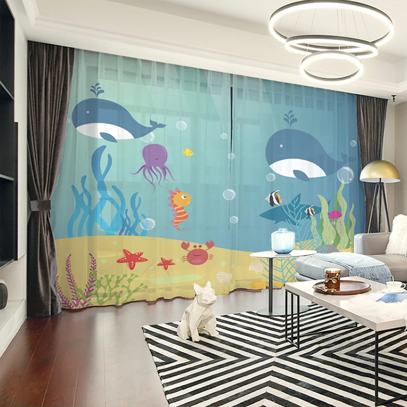 

Custom Chiffon Curtain Window Drape for Nursery Kids Children Living Room Dolphin Fish Sea Grass