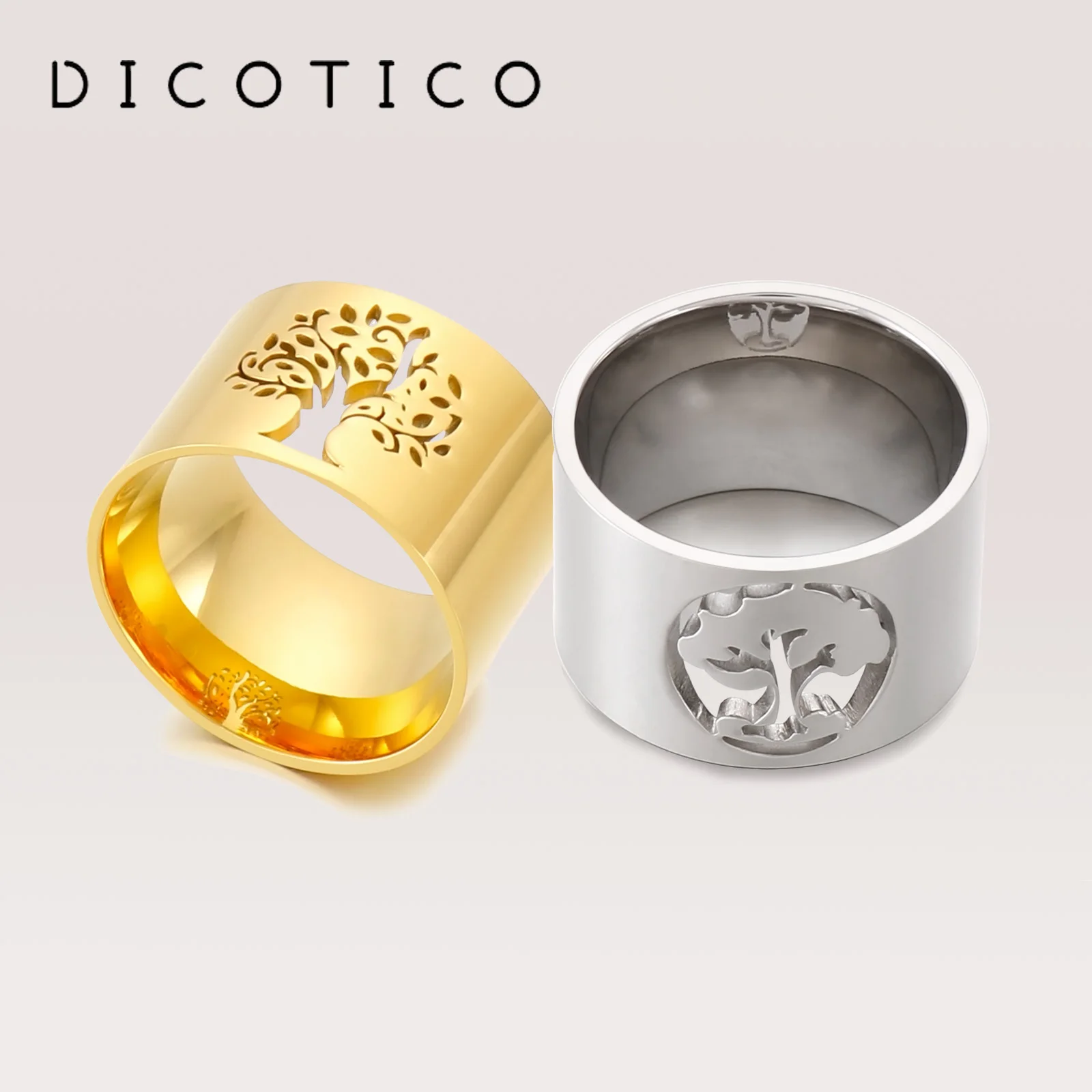 DICOTICO Life Tree Polished Shiny Rings For Women Fashion Jewelry Cutting Technology Stainless Steel Anillos Muer Accessories