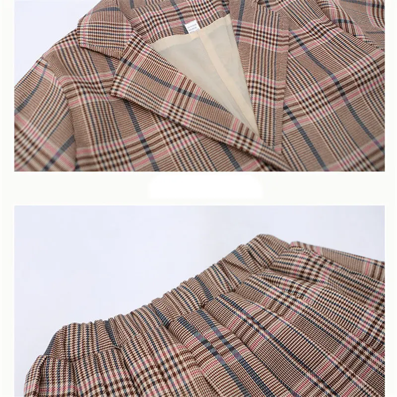 Girls Clothing Suit For Formal Party Blazer And Skirt Set Fashion Spring Children Cotton Linen Plaid Outfits 4 5 7 9 11 12 13Yrs