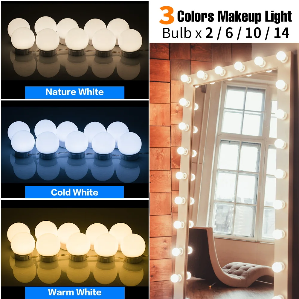 3 Colors Led Makeup Mirror Light LED Vanity Lighting Hollywood Light 2 6 10 14 Bulb Stepless Dimmable Wall Lamp Dressing Table