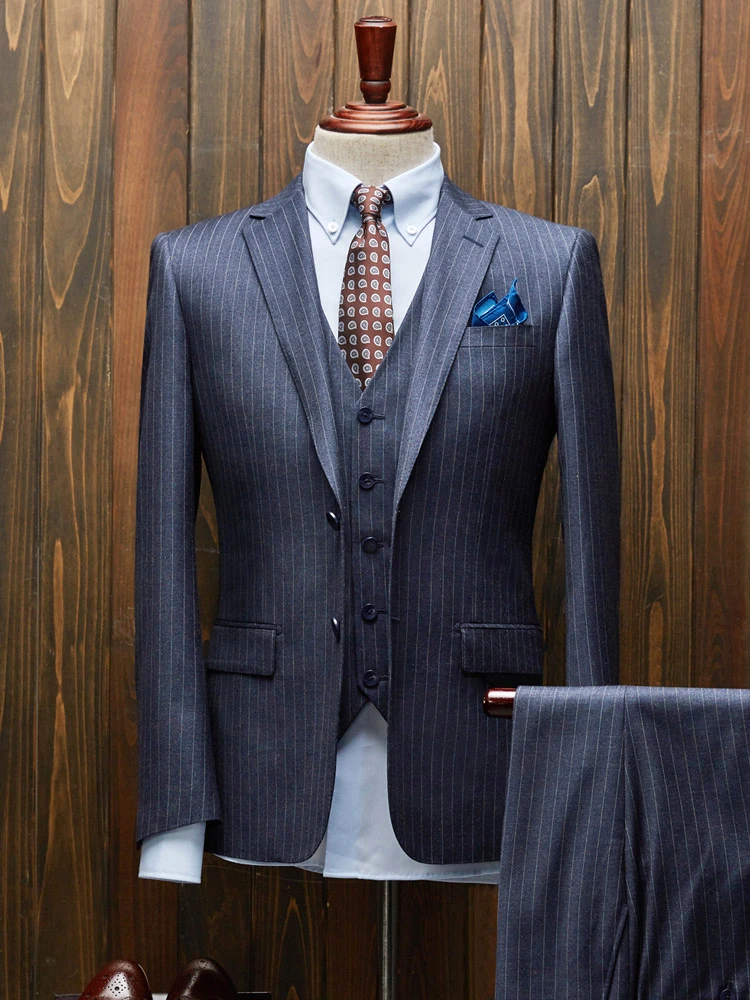 

Wedding Dress Suit Men New Arrival Slim Deep Blue Casual Stripe Blazer + Vest + Pant 3pcs Set Blazer+Pant 2PCS Sets Plus Size 58