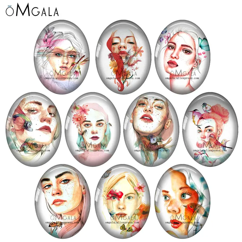 

Fashion Girl and Flower Bird Fish Pattern 10pcs 13x18mm/18x25mm/30x40mm Oval photo glass cabochon demo flat back Making findings