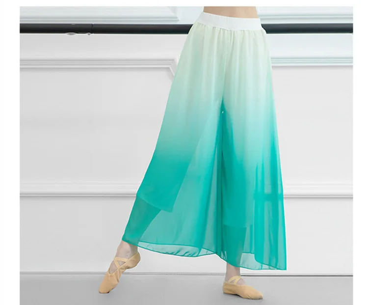 Calça feminina de chiffon de perna larga, roupa prática de 2 cores, calça dançarina solta, camadas duplas, moderno