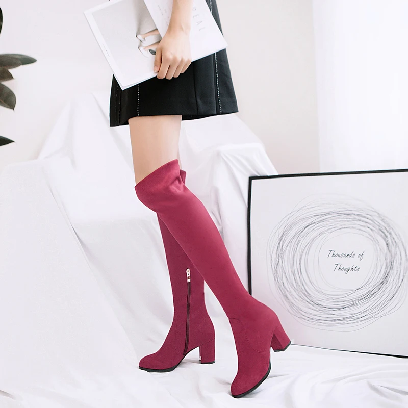 2023 Autumn Winter New Suede Over The Knee Boots Round Head Ladies Zip Elastic Boots Long Bota Feminina Zapatos de Mujer 32 33