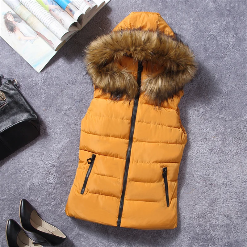 Women Autumn Winter Vest Hooded Fur Collar Sleeveless Zipper Pocket Casual Waistcoat Slim Waist Plus Size Big