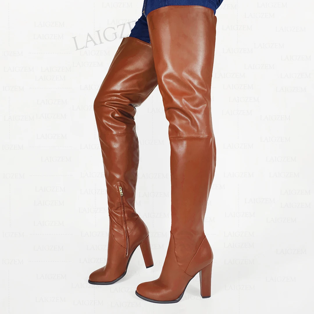 LAIGZEM Women Thigh High Boots Faux Leather Thick Heels Over Knee Boots Round Toe Handmade Ladies Shoes Woman Big Size 41 44 47