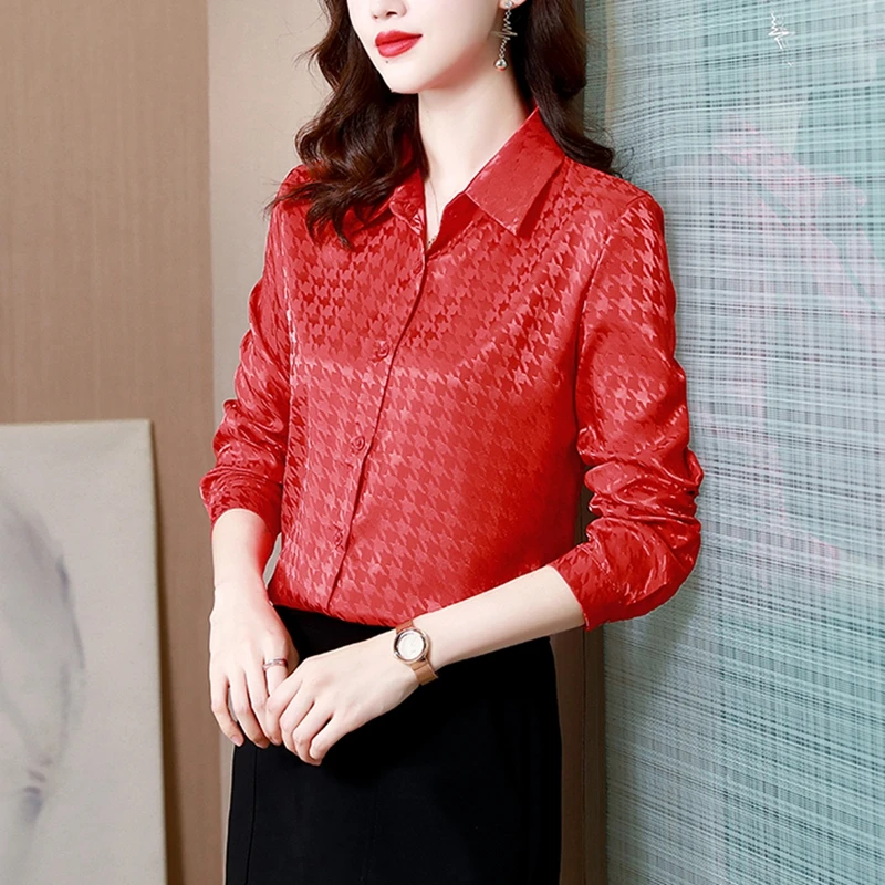 Fashion Party Houndstooth Satin Silk Shirt Women\'s Plaid Blouse Elegant Office Ladies Work Shirt Spring Autumn Long Sleeve Tops