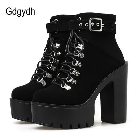 Gdgydh Lace Up Women Boots Platform Buckle Boot Cosplay Shoes Thick Heel Autmn Boots With Zipper Ankle Strap Black Suede Gothic