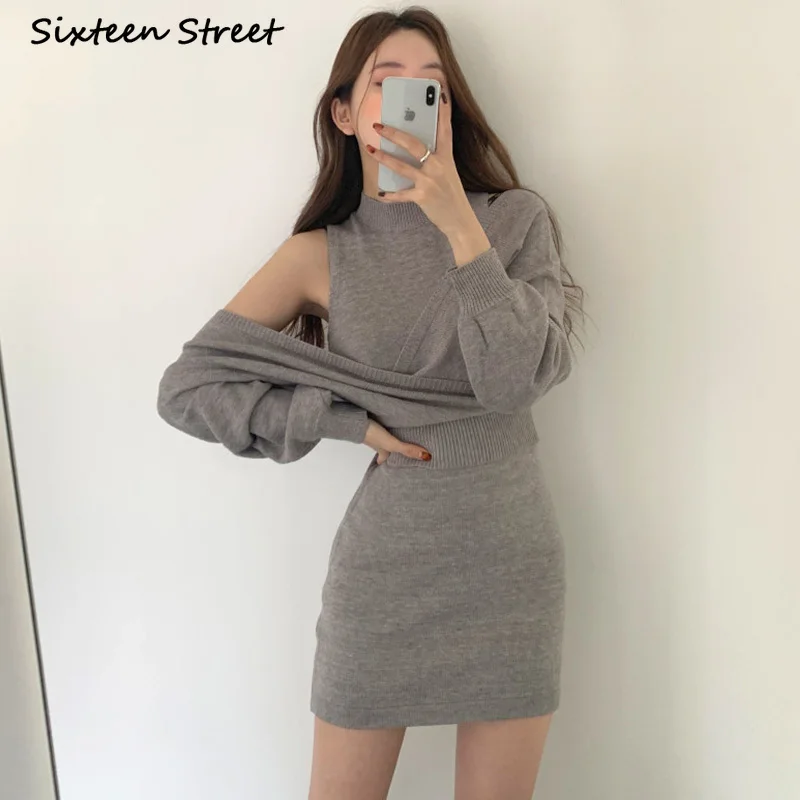 Sweater Women Autumn Winter High Waist Pocket Vest Knitted Dress Sexy 2 Piece Female Korean Fashion Chic Turtleneck Casual 2021