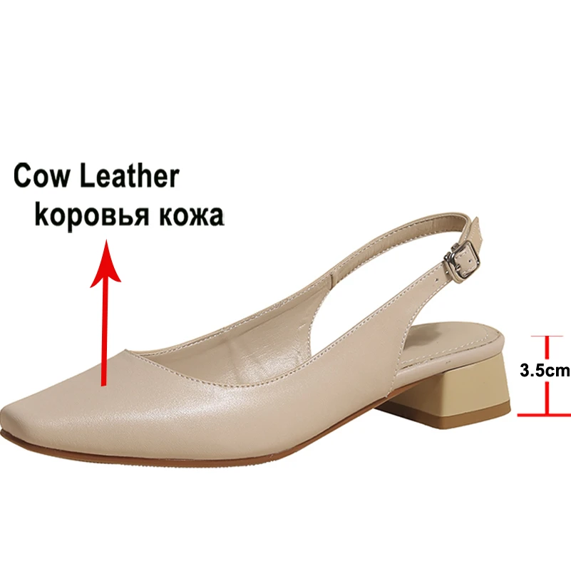 Meotina Genuine Leather Women Slingbacks Shoes Buckle Thick Heels Pumps Square Toe Med Heel Ladies Footwear 2022 Spring Beige 43