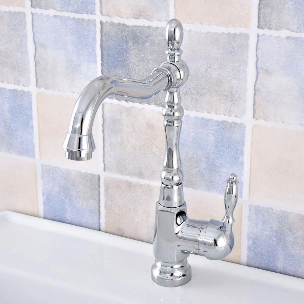 Grifo de latón cromado pulido para cocina, grifería de un solo orificio con caño giratorio, para lavabo de baño, asf645