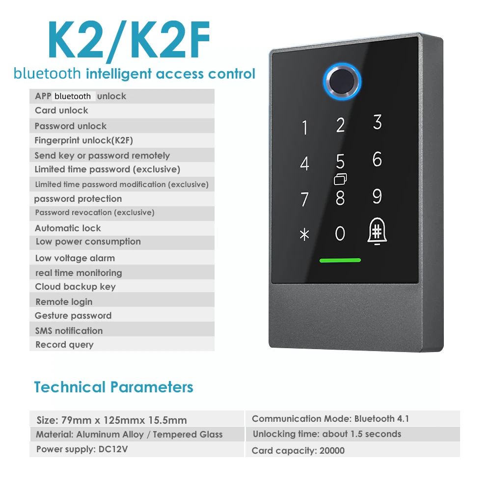 Bluetooth TTlock App Door Access Control System Card Reader Wifi Gateway Lock 13.56MHZ Fingerprint Access Control Keypad K2/ K2F