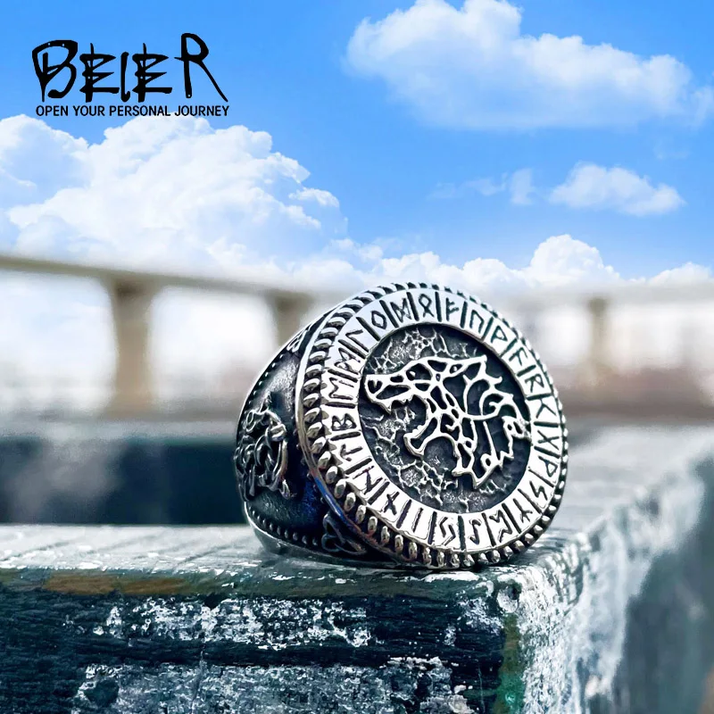 Beier 316L Stainless steel viking men ring Wolf Animal Pagan Odin Amulet Vegvisir scandinavian fashion jewelry BR8-725