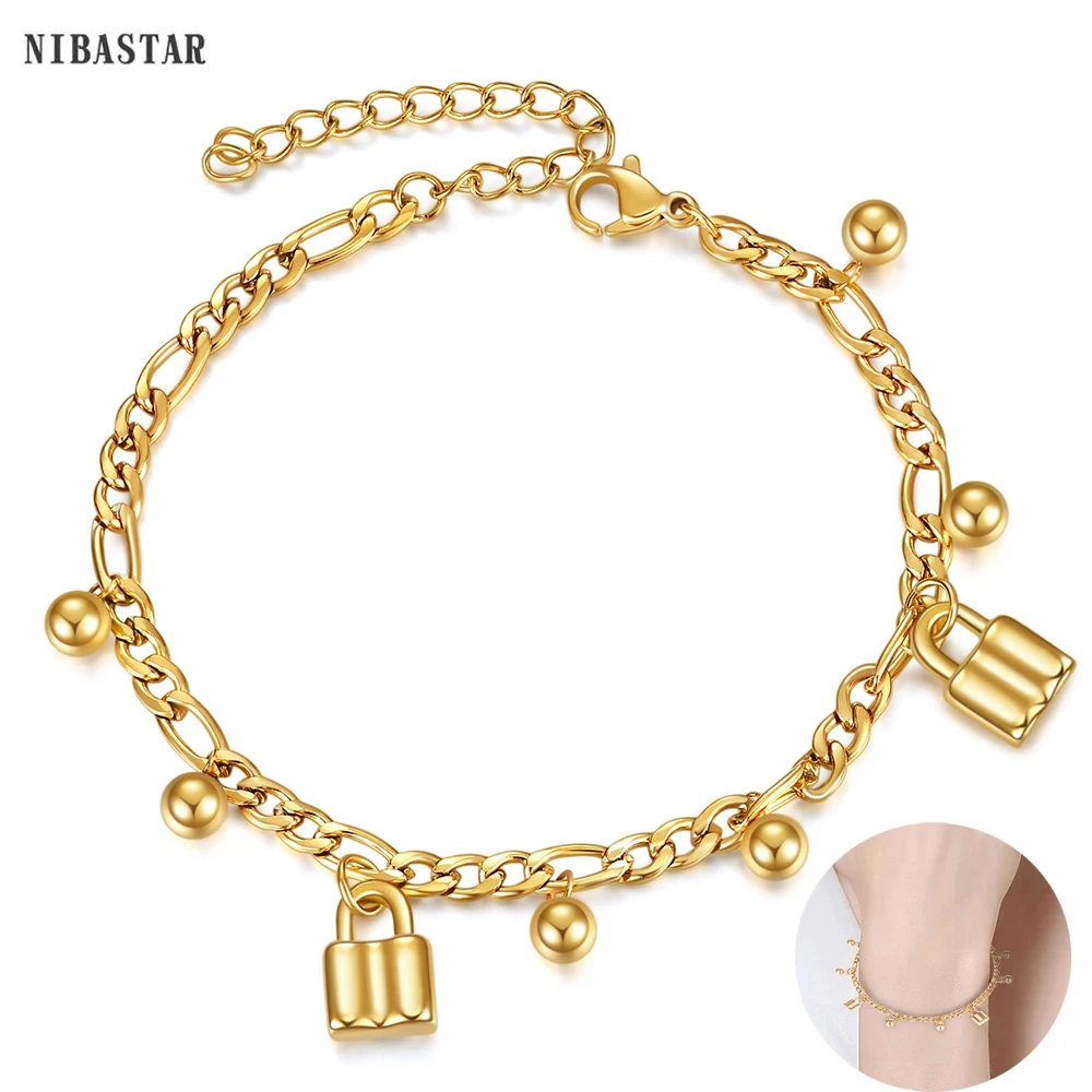 NIBASTAR Fashion Women Lock Pendant Bracelet Stainless Steel Adjustable Chain For Girls Jewelry Gift Party Accessory