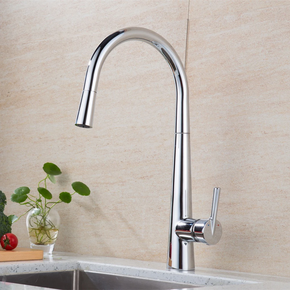 Modern Brass Single Holder Pull out Kitchen Sink Faucet Mixer Chrome Kitchen Cold Hot Water Tap смеситель для кухни 1233C