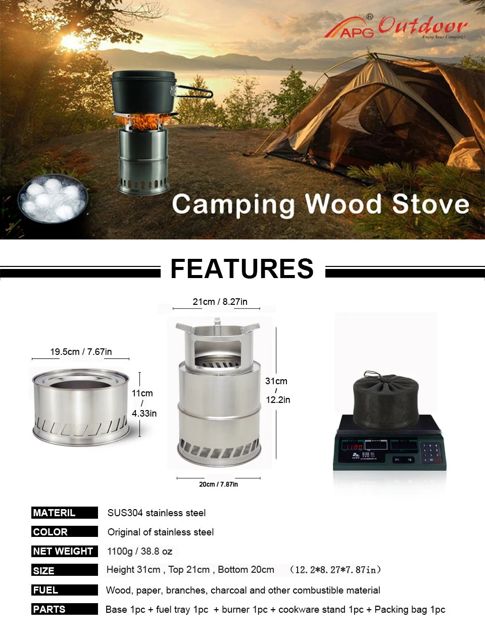 Large Size Camping Wood Stove Split Portable Gas Stainless Steel Gas Firewood Burners Backpacking Stove