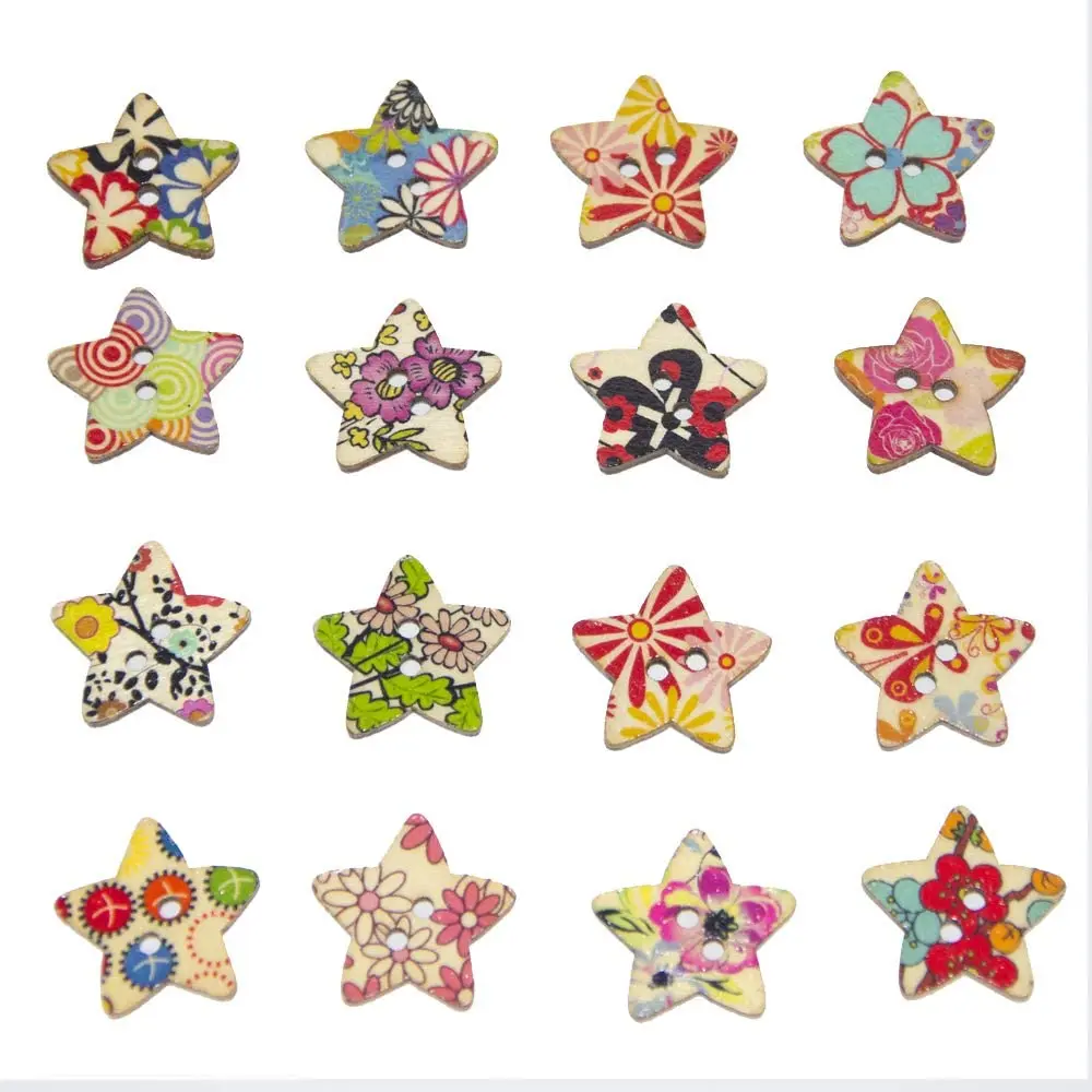 Pack of 50pcs Star Shaped Painted 2 Hole Wooden Mixed Buttons(15*18MM)   7NK193