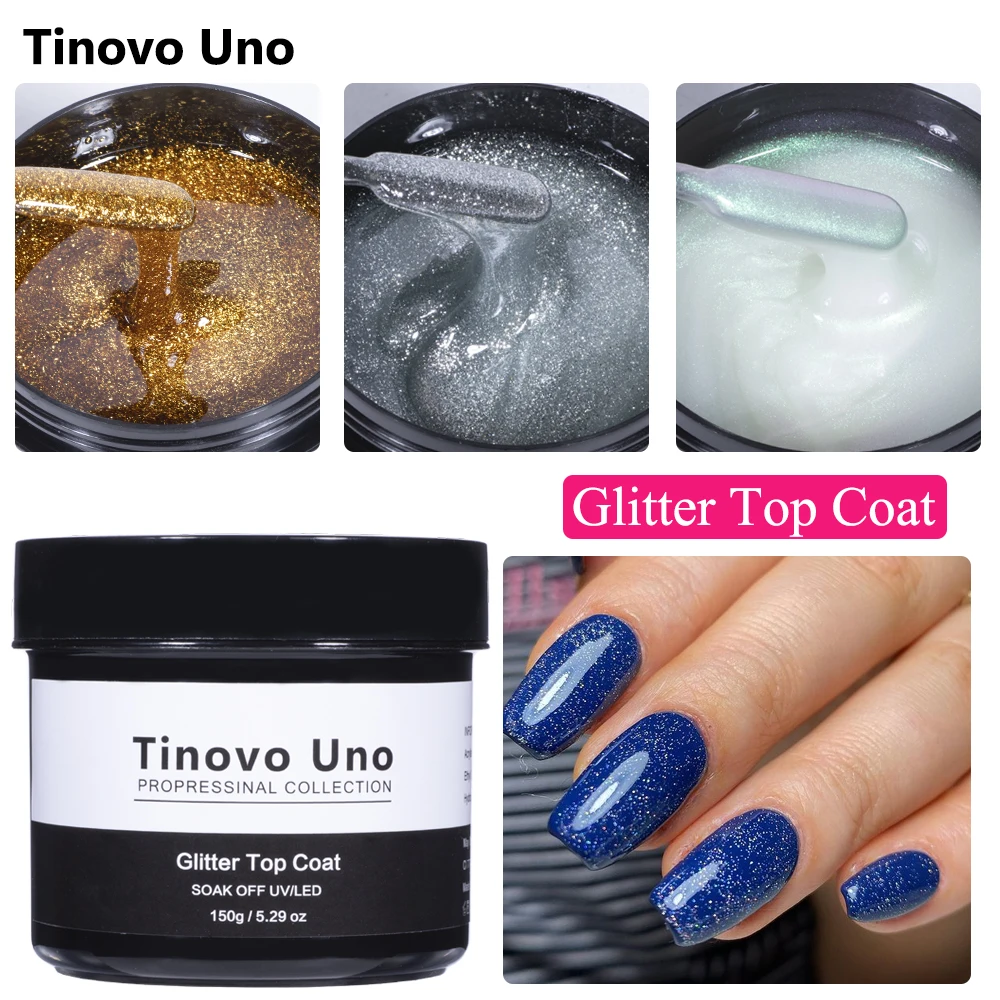 Tinovo Uno Glitter Top Coat Manicure Nail Gel Polish UV Semi Permanent 150g Laser Pearl Diamond Shine Topcoat 2 IN 1 Gellak Art