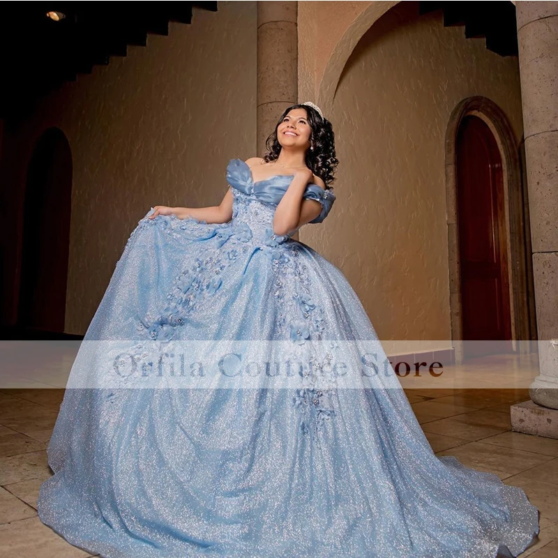 فستان Cinderalla أزرق سماوي Quinceanera مخصص مزين بالترتر من الدانتيل فساتين حفلات فتاة مكسيكية رداء حفلات أعياد الميلاد