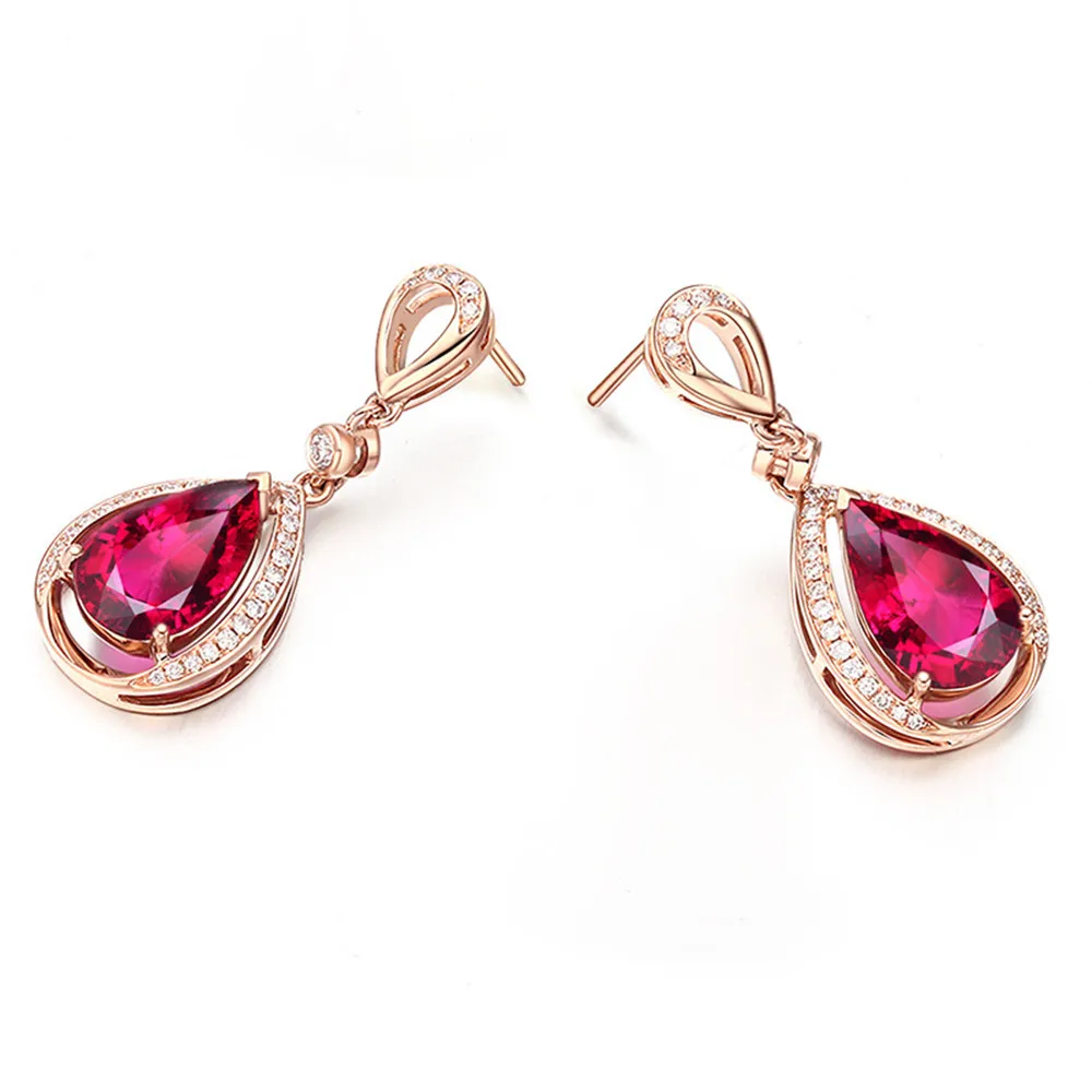 18K Rose Goud Kleur Ruby Edelstenen Zirkoon Diamond Dangle Drop Oorbellen Voor Vrouwen Luxe Sieraden Party Bijoux Crystal Pendientes