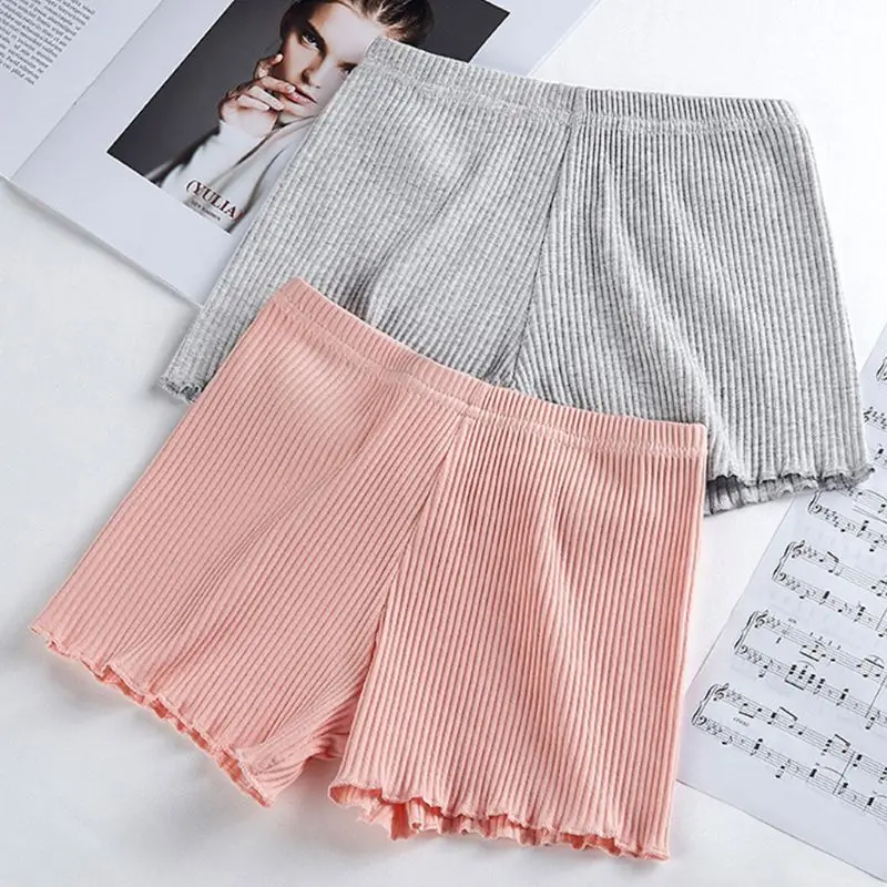 Ladies Women Summer Safety Pants Thread Ribbed Striped Seamless Stretchy Underpants Solid Color Ruffled Agaric Hem Boxer Shorts