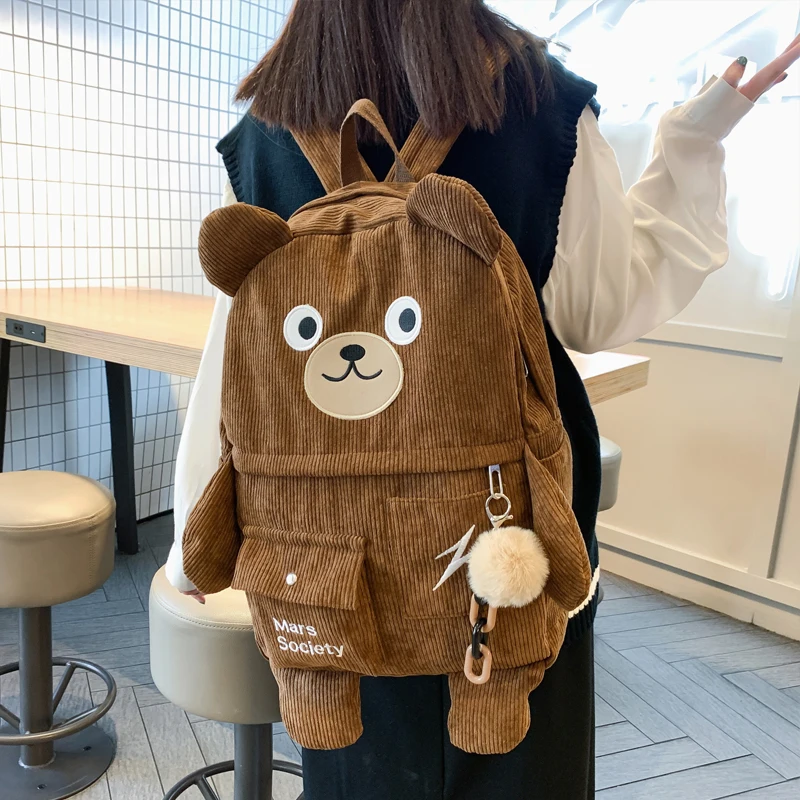 Retro Corduroy Backpack Cute Funny Bear Women Backpacks Female Korean Harajuku School Bags Student Ladies Shoulder Book Bag New