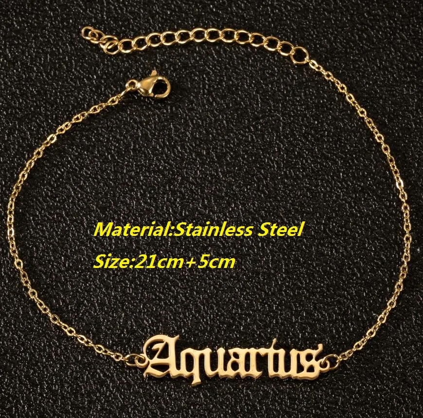 Zodiac Sign Letter Ankle Bracelet Women Classic Old English Stainless Steel 12 Constellation Jewelry Anklets Virgo Taurus Aries