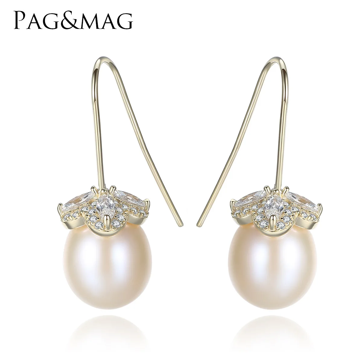 PAG & MAG Earrings S925 pure silver natural fresh water pearl earrings with 3A zircon 18K Gold