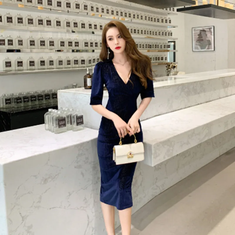 

Spring Sexy Party Bodycon Dresses Women Half Sleeve V Neck Velvet Dress Office Print Vintage High-end Bandage Dress Vestidos
