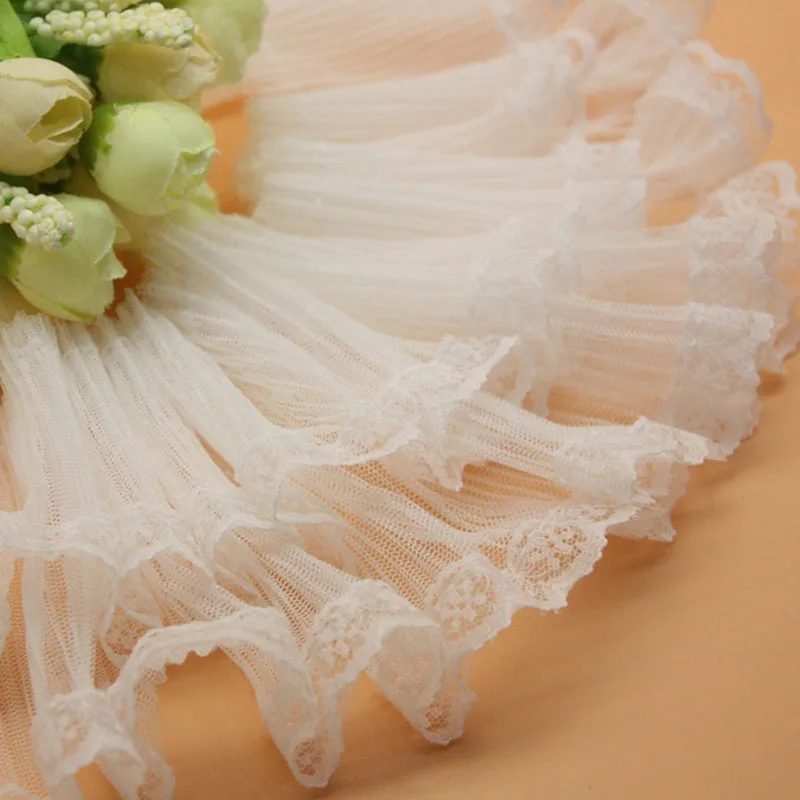 9CM Wide Two-Layer Embroidery Flower Tulle Mesh Lace Fabric Trim Ribbon DIY Sewing Ruffle applique collar fringe wedding decor