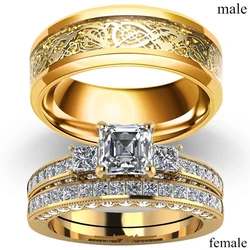 Charm Gold-Color Couple Rings - Men's Stainless Steel Dragon Pattern Rings Women's White Zircon Ring Set Bridal Wedding Jewelry