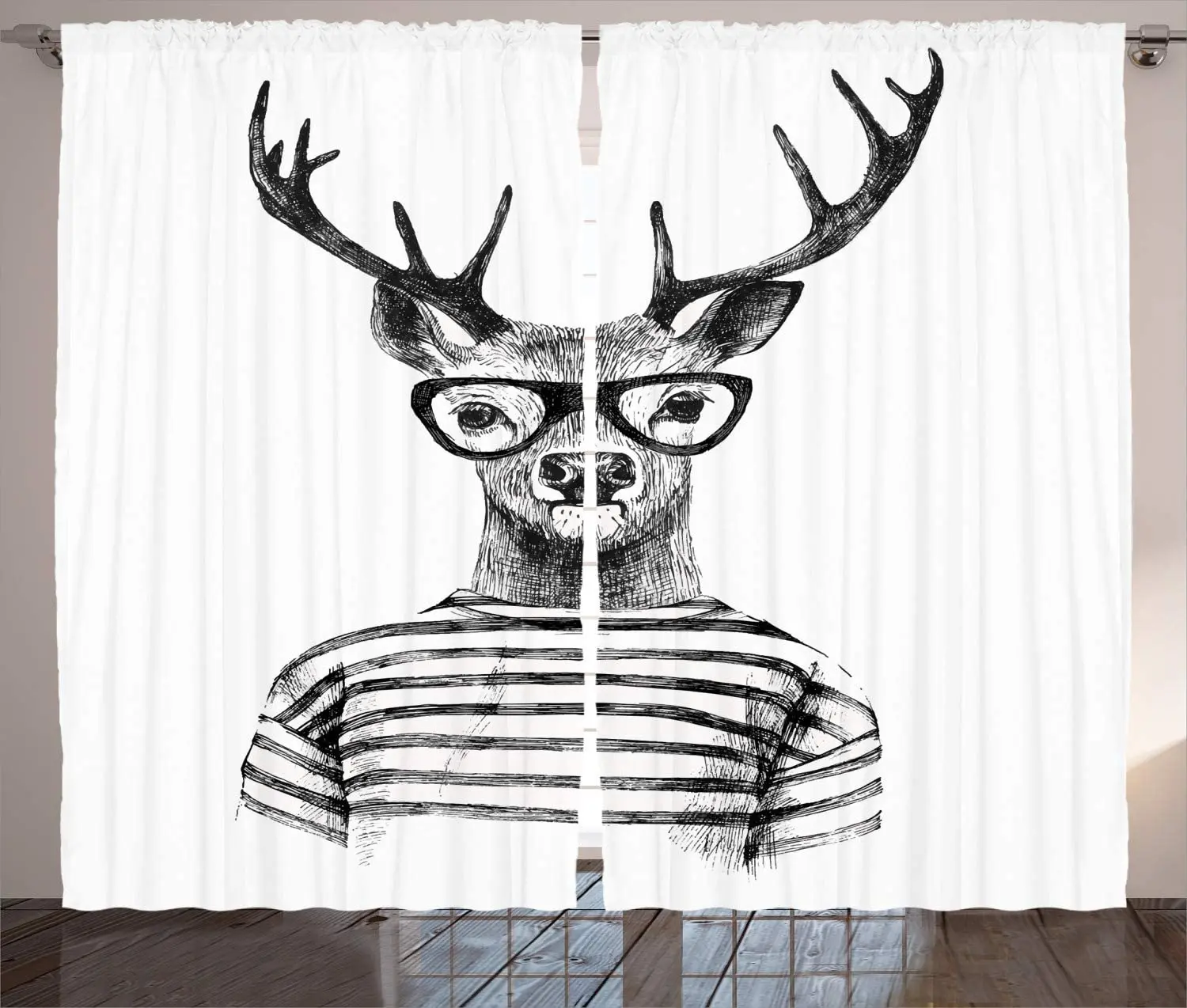 Deer Window Curtains Dressed up Reindeer Headed Human Hipster Style with Glasses Stripped Shirt Living Room Decor Bedroom