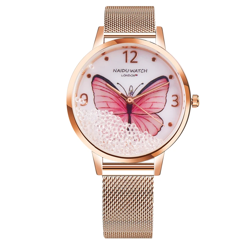 

Rose Gold Women Watch 2022 Butterfly Luxury Diamond Ladies Wrist Watch Steel Mesh Bracelet Female Clock relogio feminino