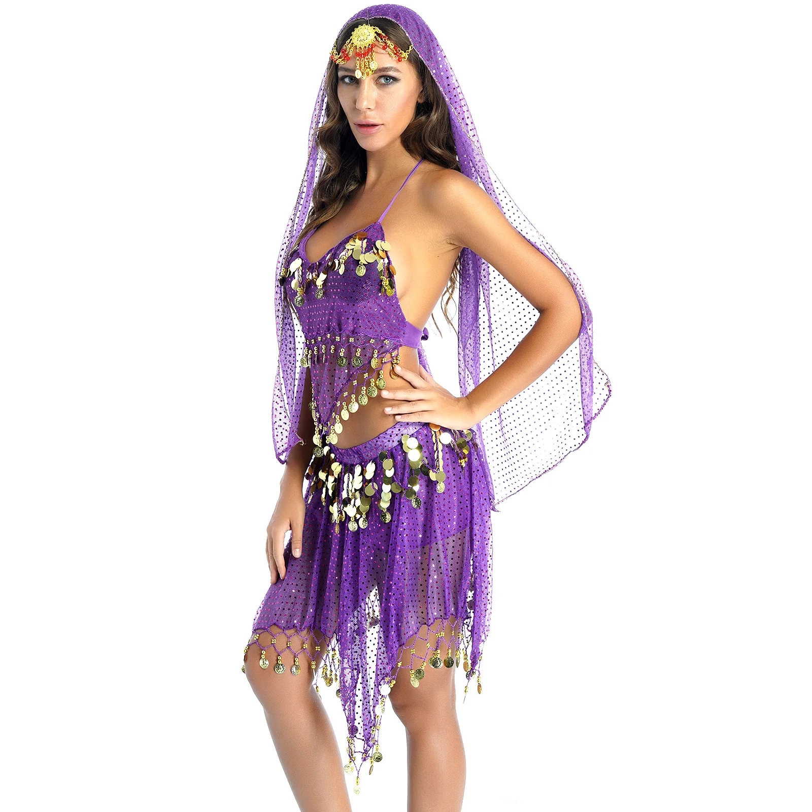 Conjunto de trajes de danza del vientre para mujer, traje de danza del vientre para adultos, escenario de India, disfraces de gitana, Halloween, Carnaval, danza del vientre de Egipto, 4 piezas